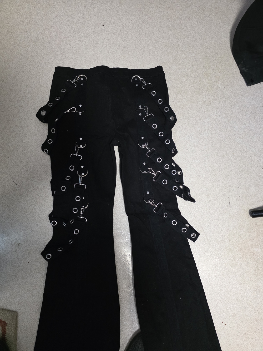 Dolls Kill- Widow- Black Flared Grommet Bondage Strap Pants- Sz L- NWT - Picture 11 of 12